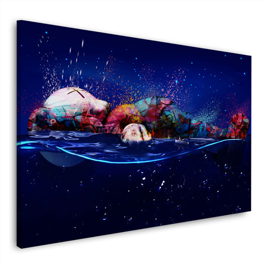 Quadro figura con graffiti pop art nell'acqua e cielo notturno