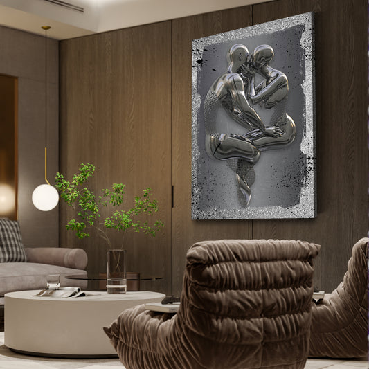 Quadro figura moderna in metallo 3D Kiss Splash arte murale in metallo Stile argento