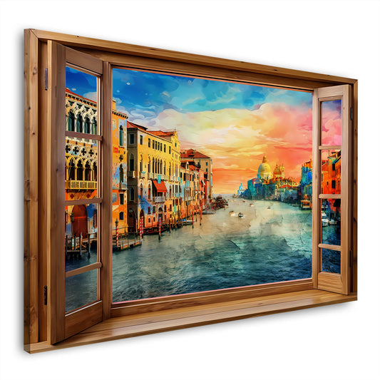 Quadro finestra su Italia Venezia con il Canal Grande e tramonto colorato