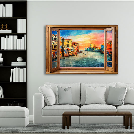 Quadro finestra su Italia Venezia con il Canal Grande e tramonto colorato