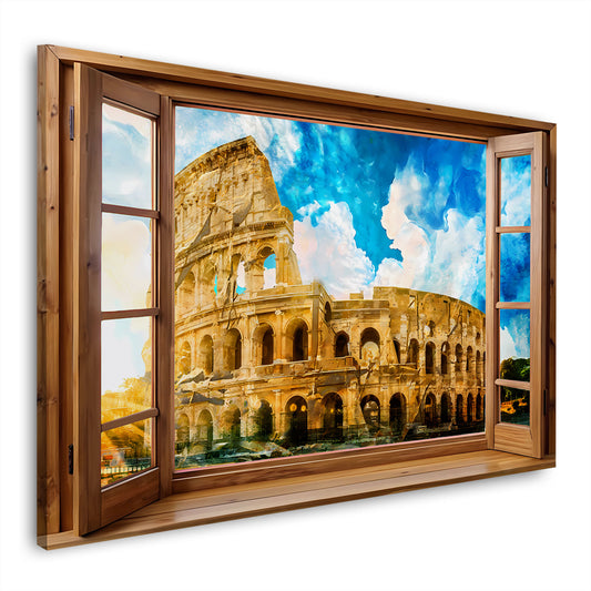 Quadro finestra su Roma Italia con il Colosseo e cielo luminoso