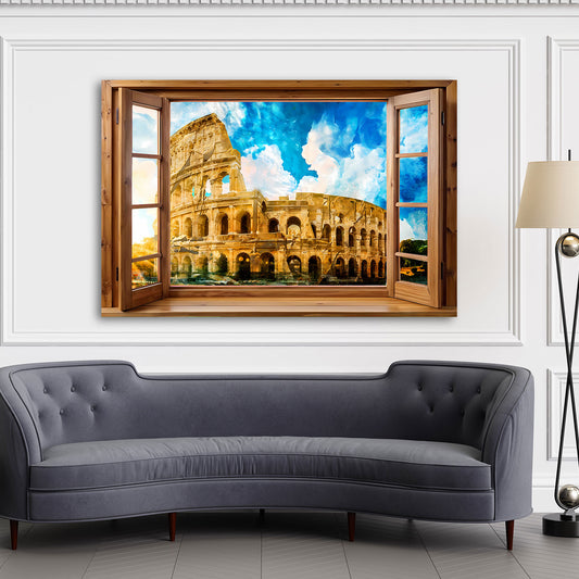 Quadro finestra su Roma Italia con il Colosseo e cielo luminoso