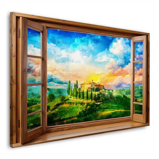 Quadro finestra su Toscana Italia con paesaggio collinare e tramonto colorato