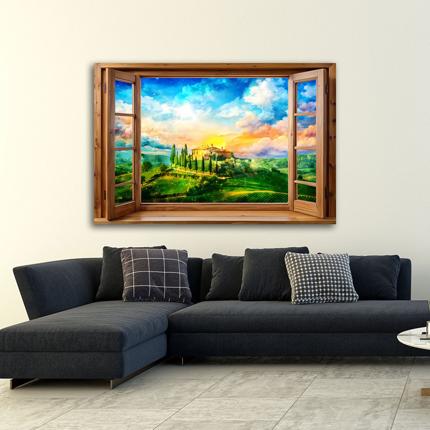 Quadro finestra su Toscana Italia con paesaggio collinare e tramonto colorato