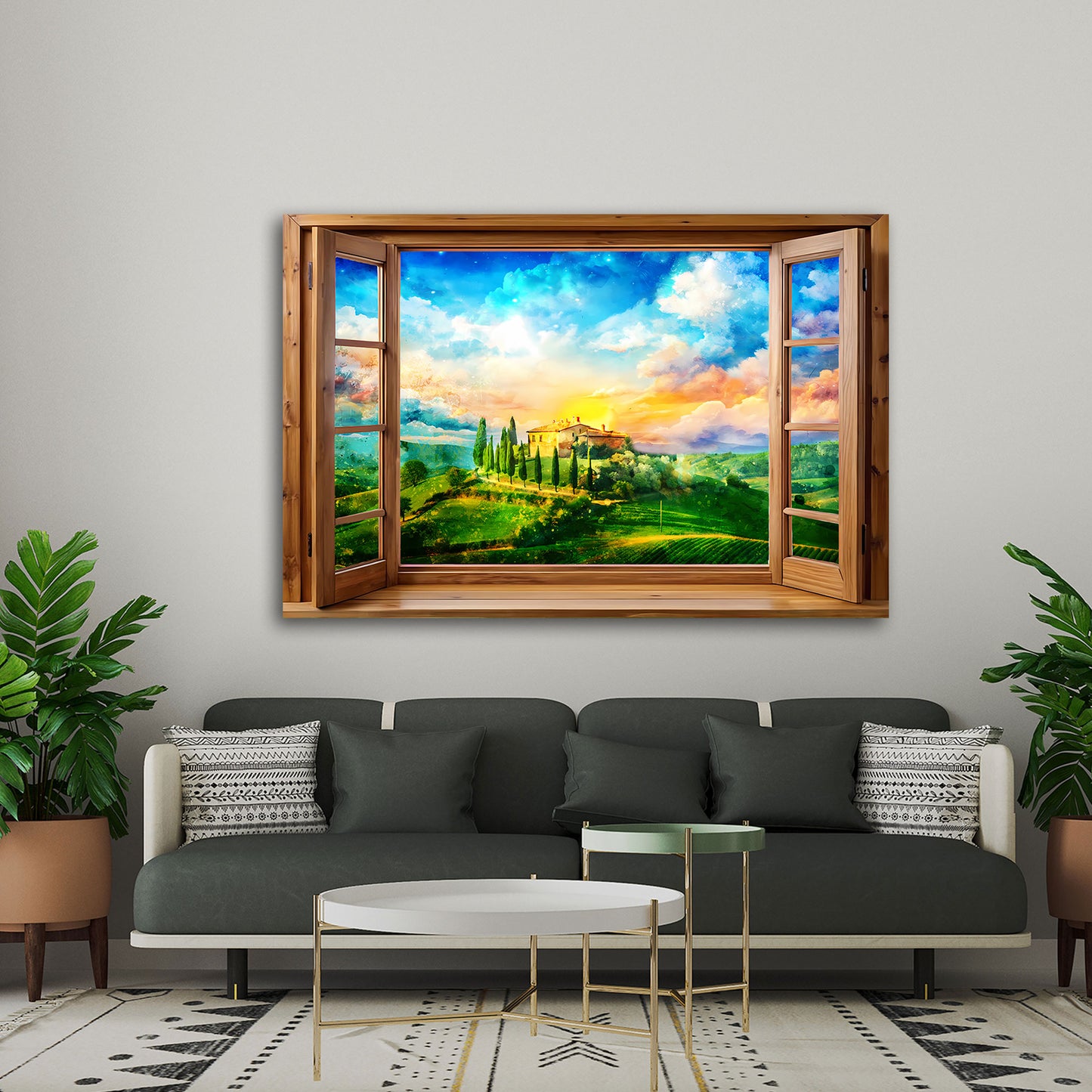 Quadro finestra su Toscana Italia con paesaggio collinare e tramonto colorato