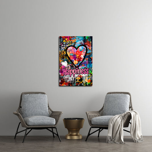 Quadro graffiti pop art cuore con scritta Happiness