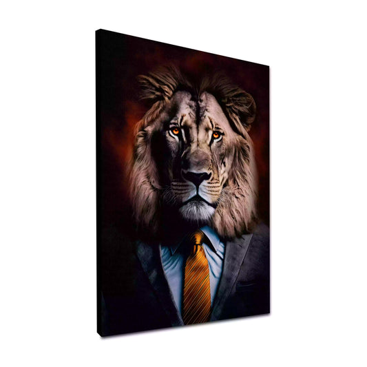 Quadro leone elegante in abito e cravatta per forza e leadership