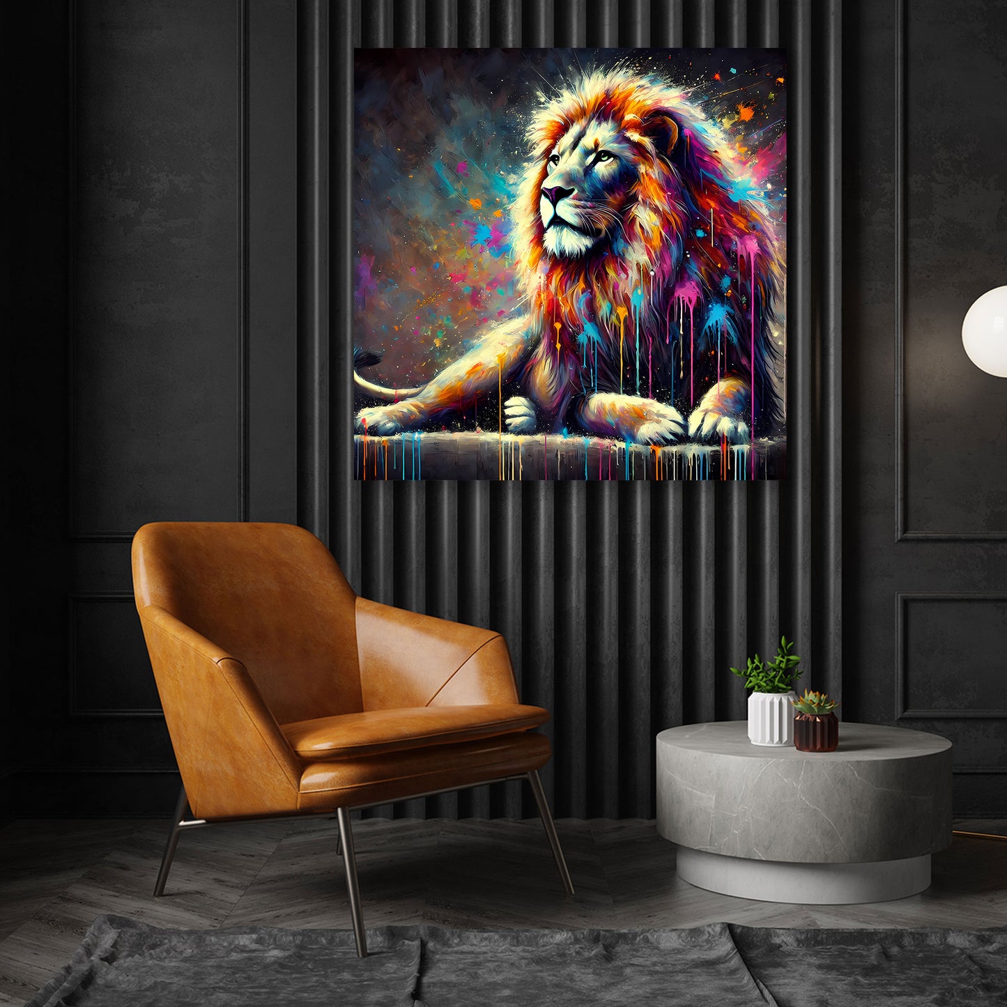 Quadro leone pop art disteso con colori vivaci