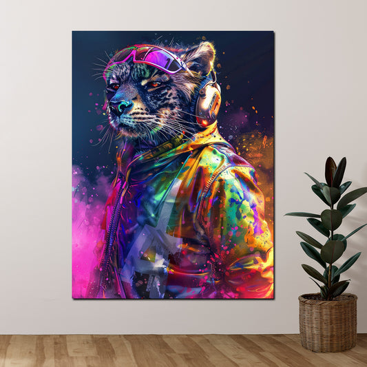 Quadro leopardo cool con cuffie stile Pop Art moderno