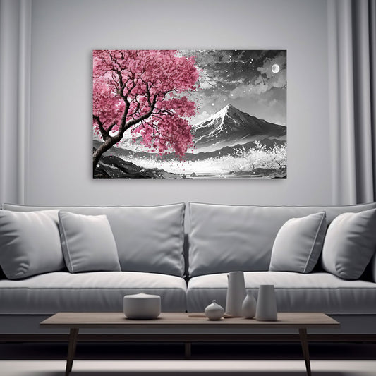 Quadro moderno Albero rosa in un paesaggio in bianco e nero
