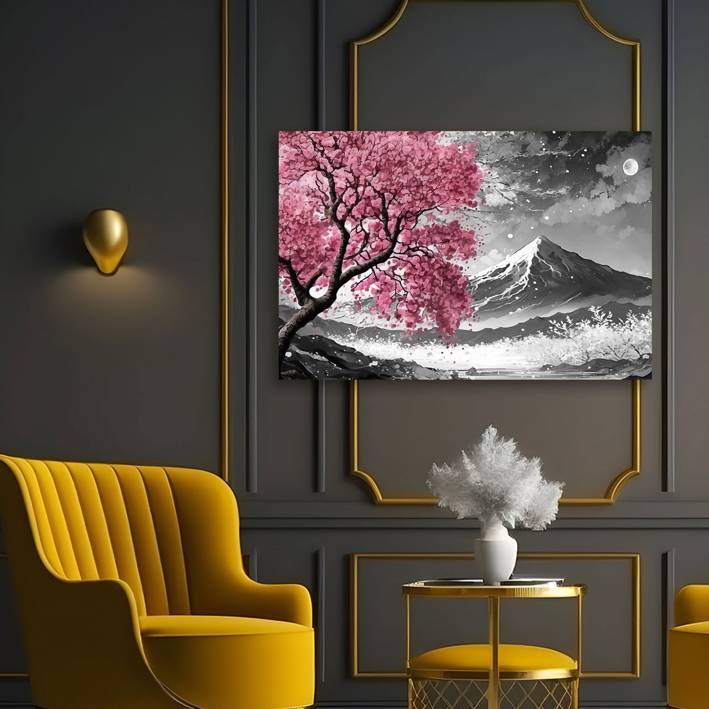 Quadro moderno Albero rosa in un paesaggio in bianco e nero