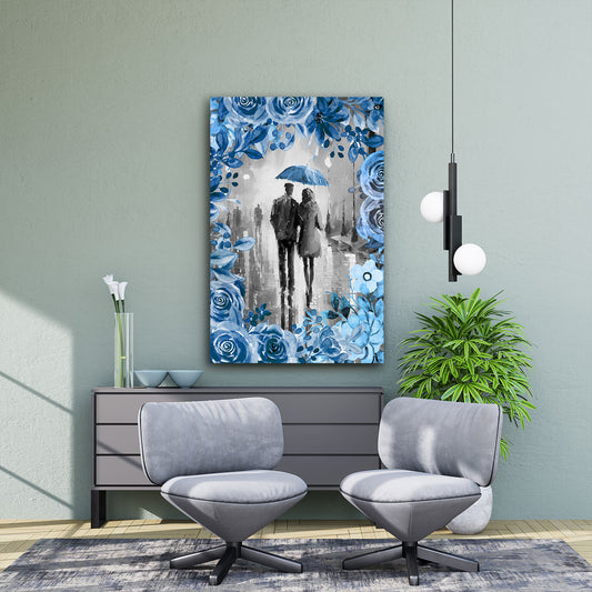 Quadro moderno Coppia con ombrello in bianco e nero con fiori blu