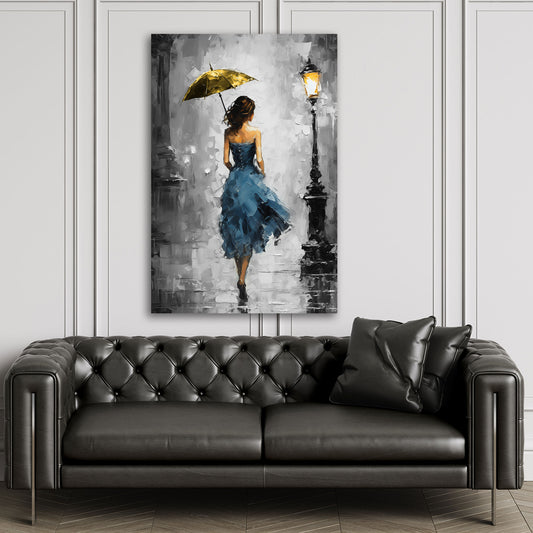 Quadro moderno Donna in abito blu con ombrello Painting Style