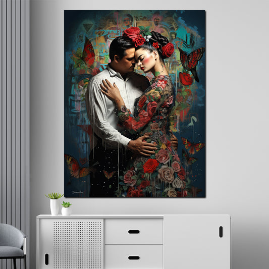 Quadro moderno Frida innamorati circondati da fiori e farfalle