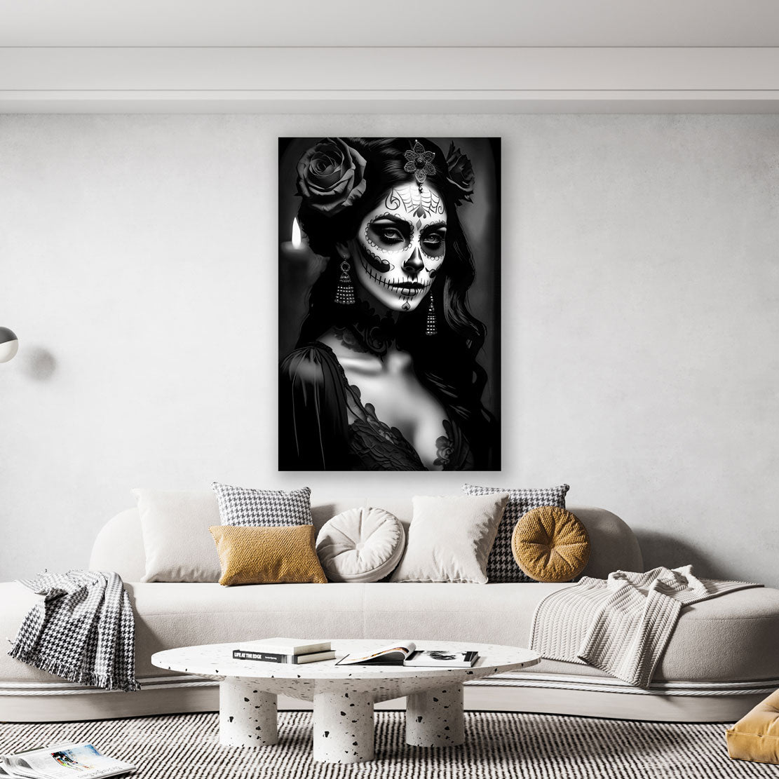 Quadro moderno La Calavera Catrina in un abito di pizzo bianco e nero