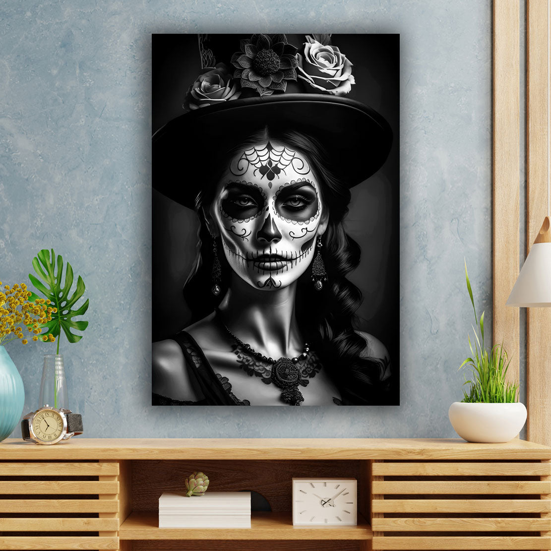 Quadro moderno La Catrina in un abito di pizzo bianco e nero