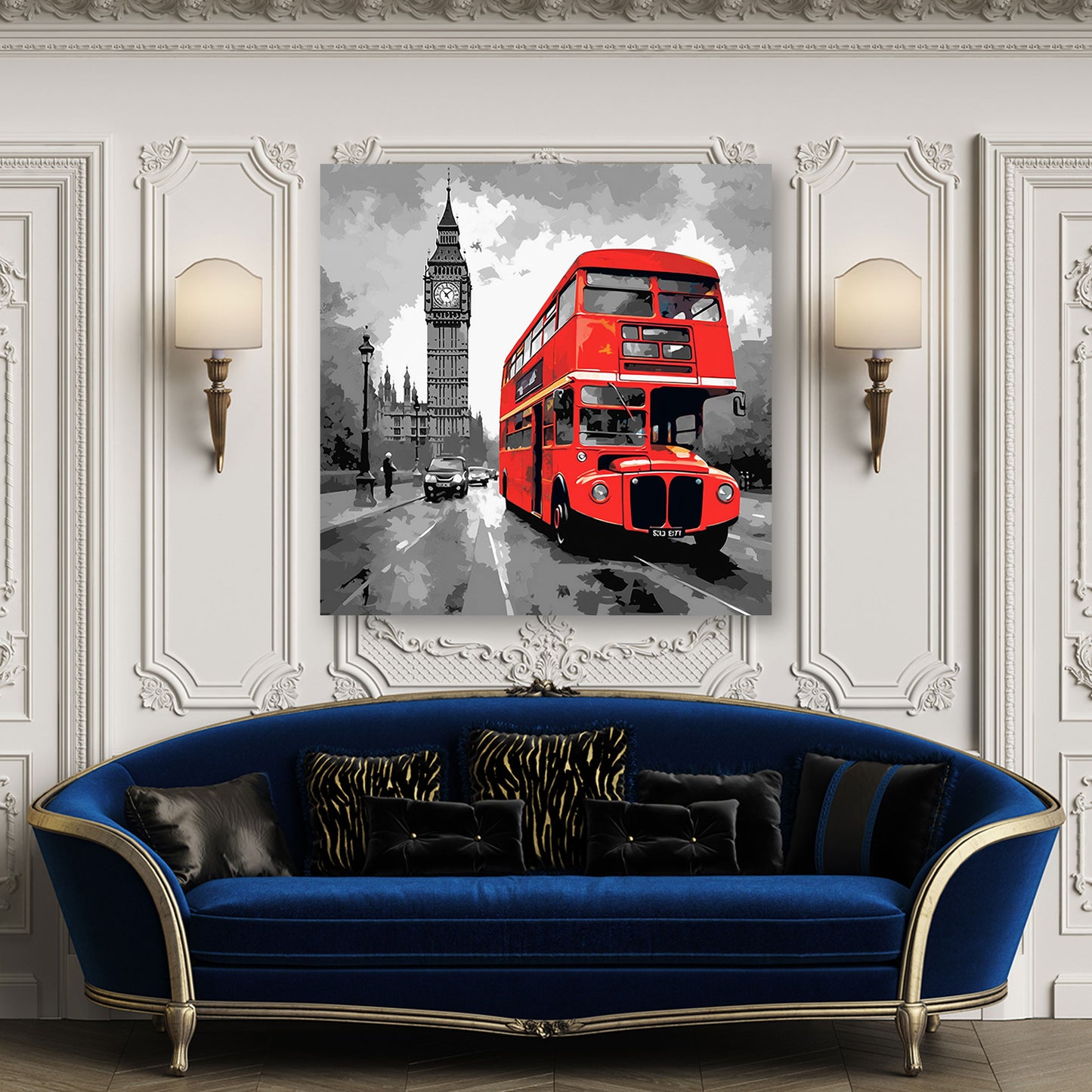 Quadro moderno London, Big Ben Autobus nero bianco rosso