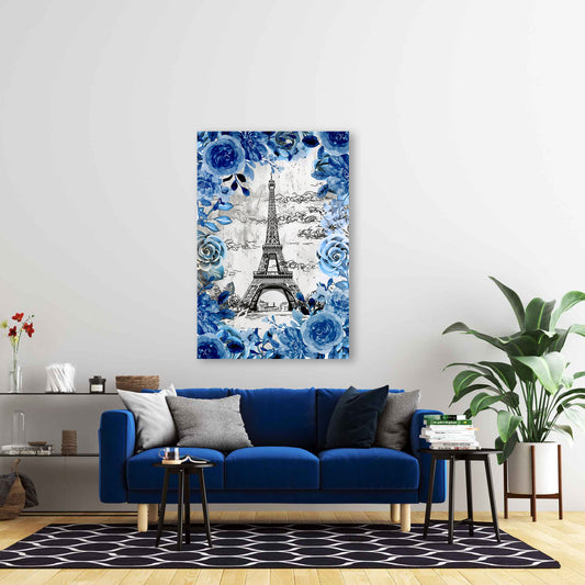 Quadro moderno Parigi Torre Eiffel in una cornice di fiori blu