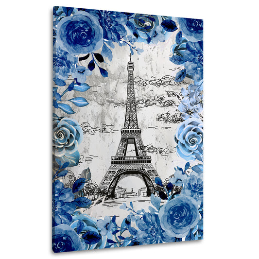 Quadro moderno Parigi Torre Eiffel in una cornice di fiori blu