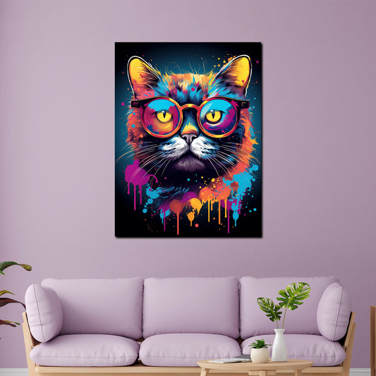 Quadro moderno Pop Art Gatto con occhiali Colour Splash