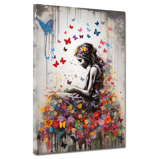 Quadro moderno Ragazza street art con fiori e farfalle