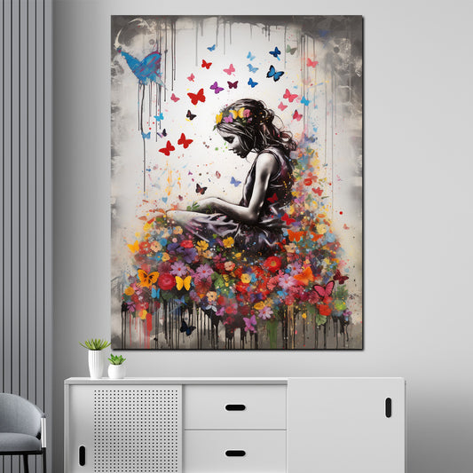 Quadro moderno Ragazza street art con fiori e farfalle