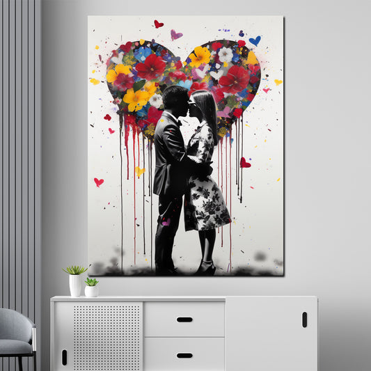 Quadro moderno Street Art coppia con un cuore fatto di fiori