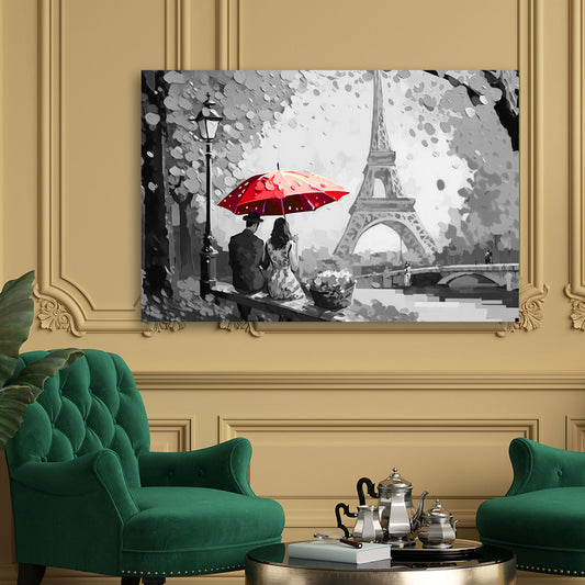 Quadro moderno astratto coppia con ombrello rosso a Parigi
