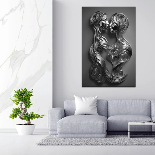 Quadro moderno bacio figure 3D in metallo silver style