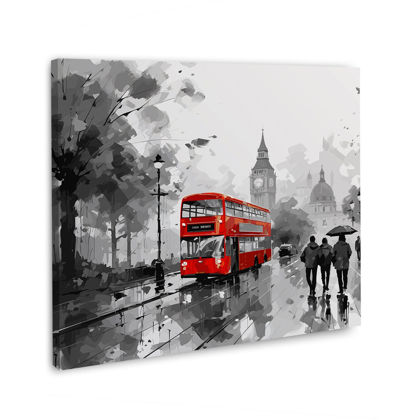 Quadro moderno città Londra in bianco e nero con autobus rosso