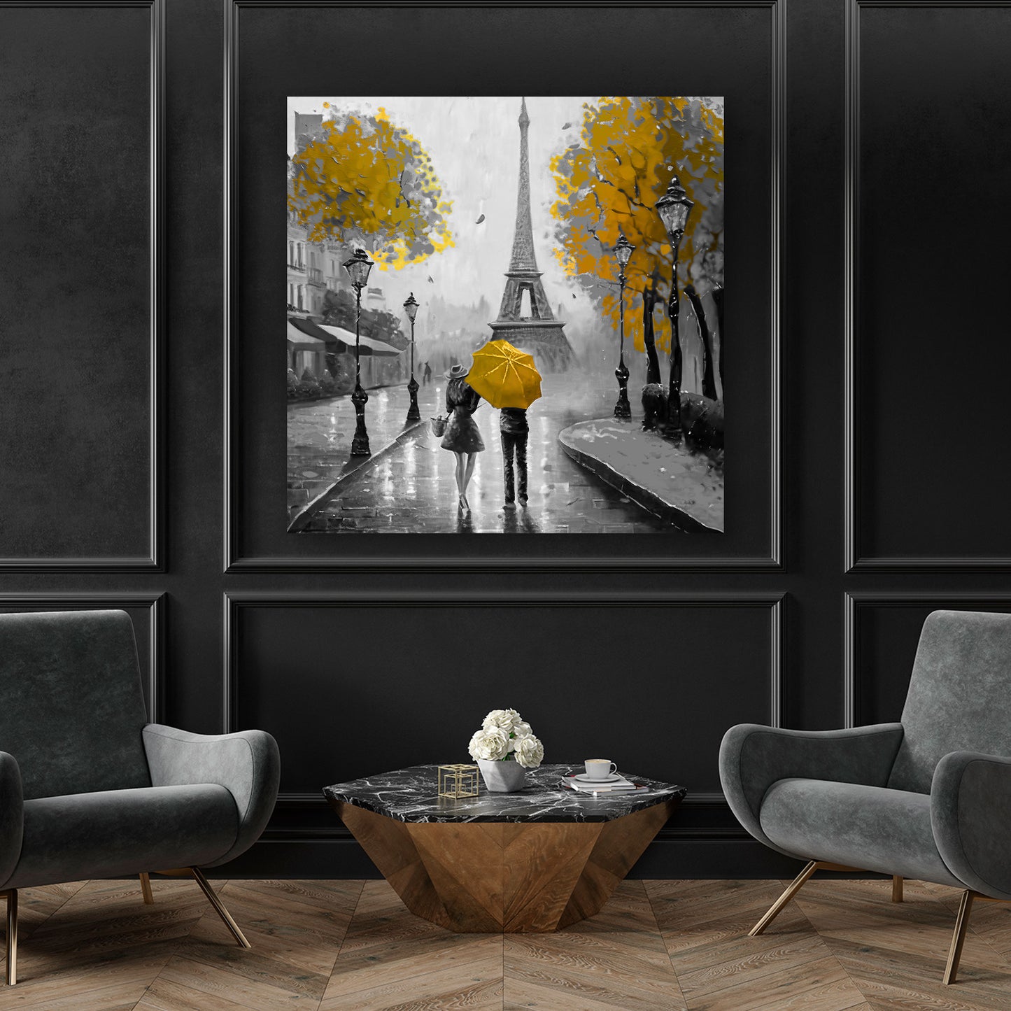 Quadro moderno coppia con ombrello a Parigi yellow style