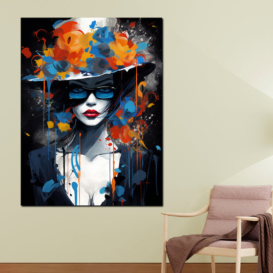 Quadro moderno donna misteriosa con occhiali e cappello a fiori