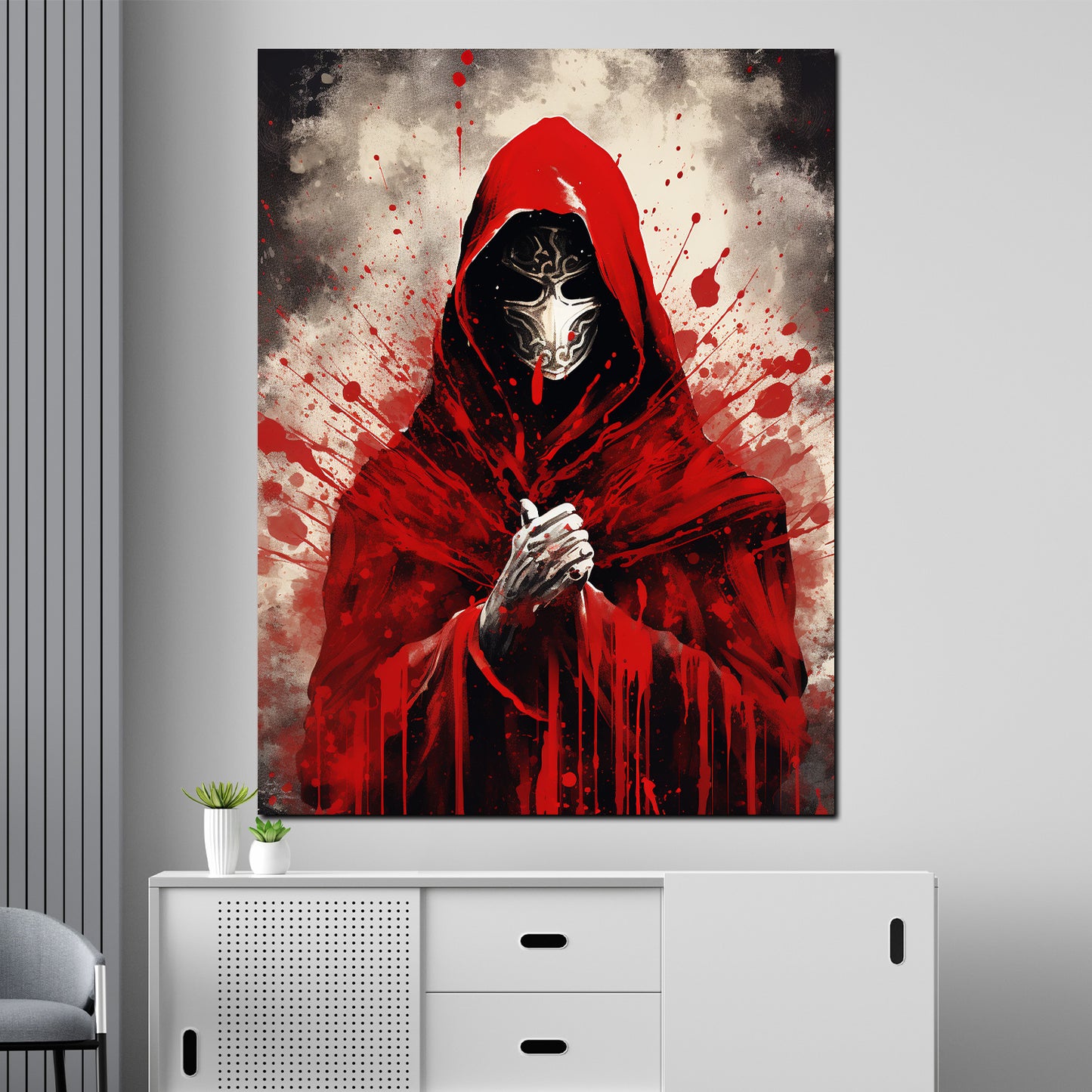 Quadro moderno figura con maschera e mantello rosso