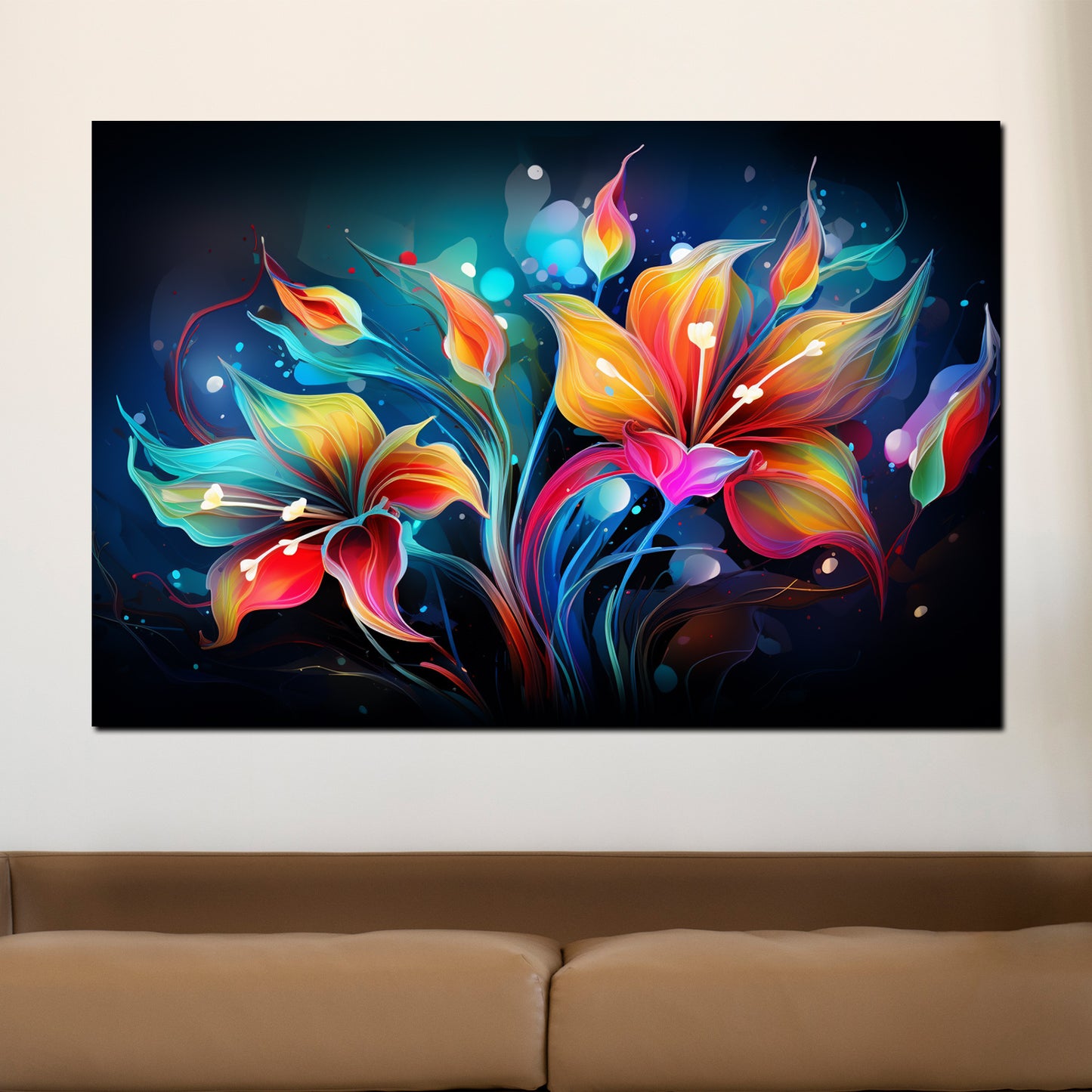 Quadro moderno fiori astratti luminosi dark mode