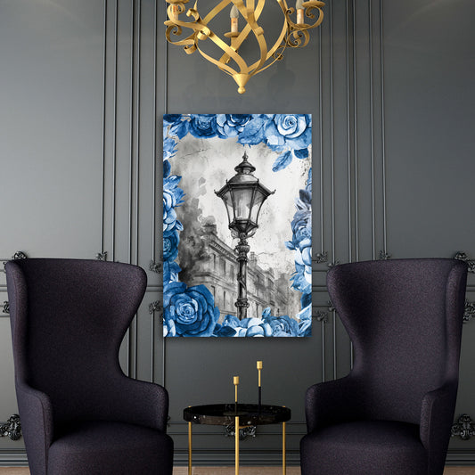 Quadro moderno lampione in bianco e nero con cornice floreale blu