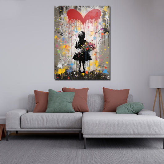 Quadro moderno ragazza con cuore astratto Street Art Banksy Art