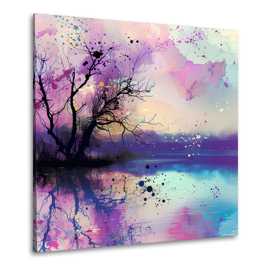 Quadro paesaggio magico con albero e riflessi sull'acqua