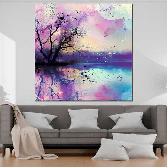 Quadro paesaggio magico con albero e riflessi sull'acqua