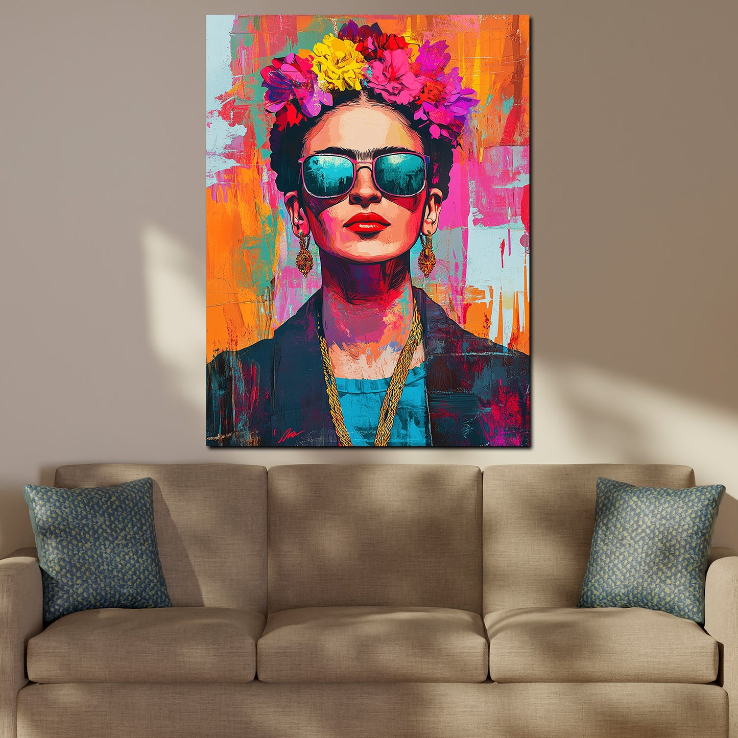 Quadro ritratto Frida Pop Art con occhiali da sole e corona di fiori