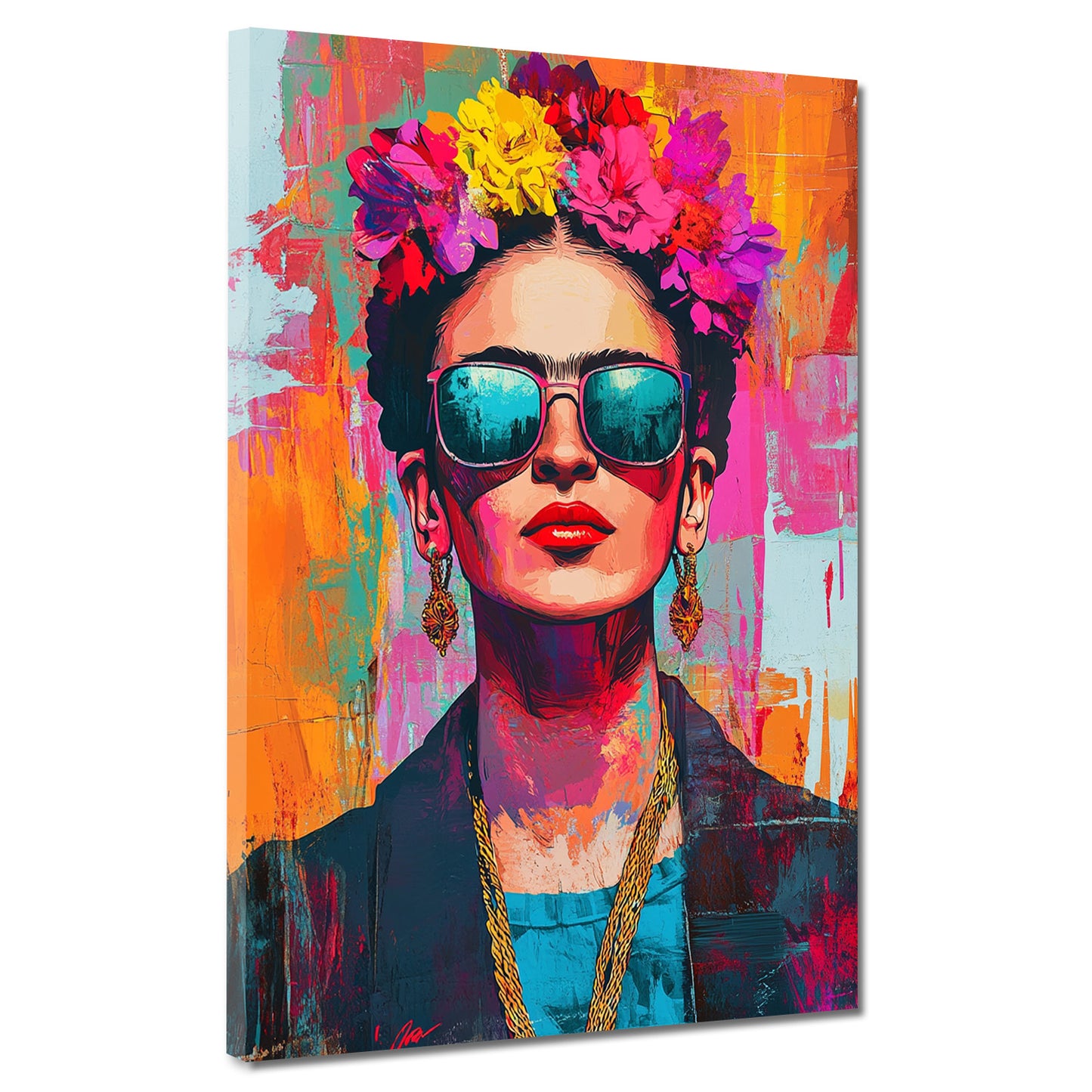 Quadro ritratto Frida Pop Art con occhiali da sole e corona di fiori