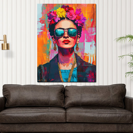 Quadro ritratto Frida Pop Art con occhiali da sole e corona di fiori