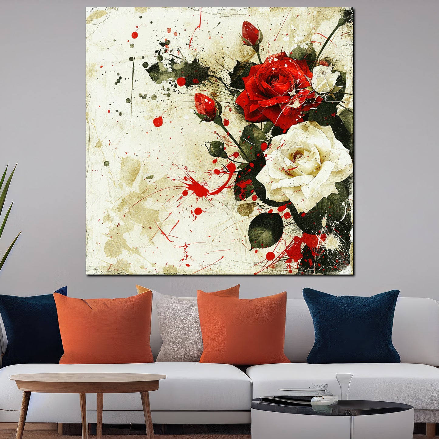 Quadro rose rosse e bianche con spruzzi artistici astratti