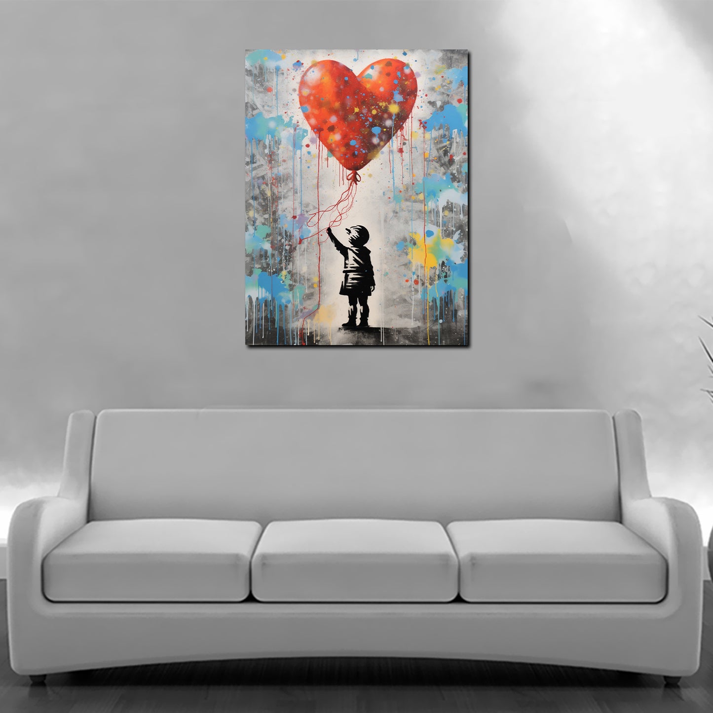 Quadro street art astratto bambina con palloncino a cuore