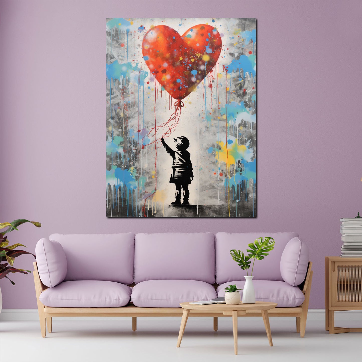 Quadro street art astratto bambina con palloncino a cuore