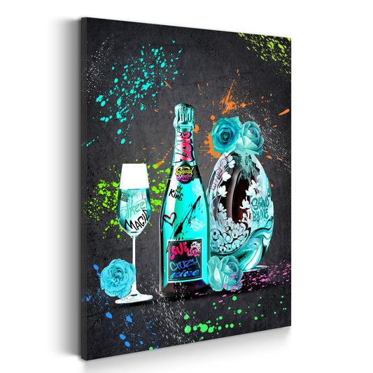 Quadro street art bottiglia champagne con colori vivaci e toni turchesi