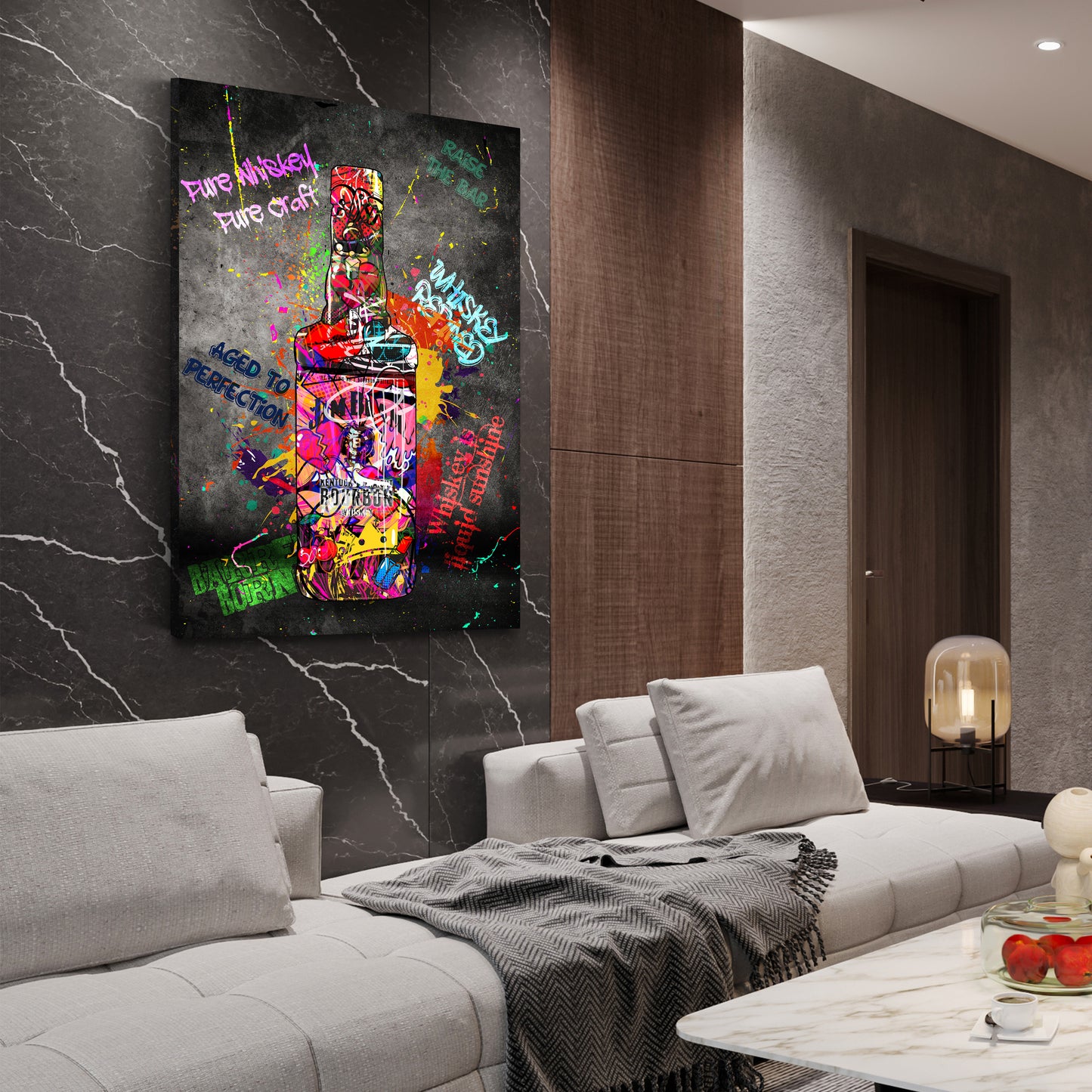 Quadro street art bottiglia whisky bourbon graffiti stile pop art