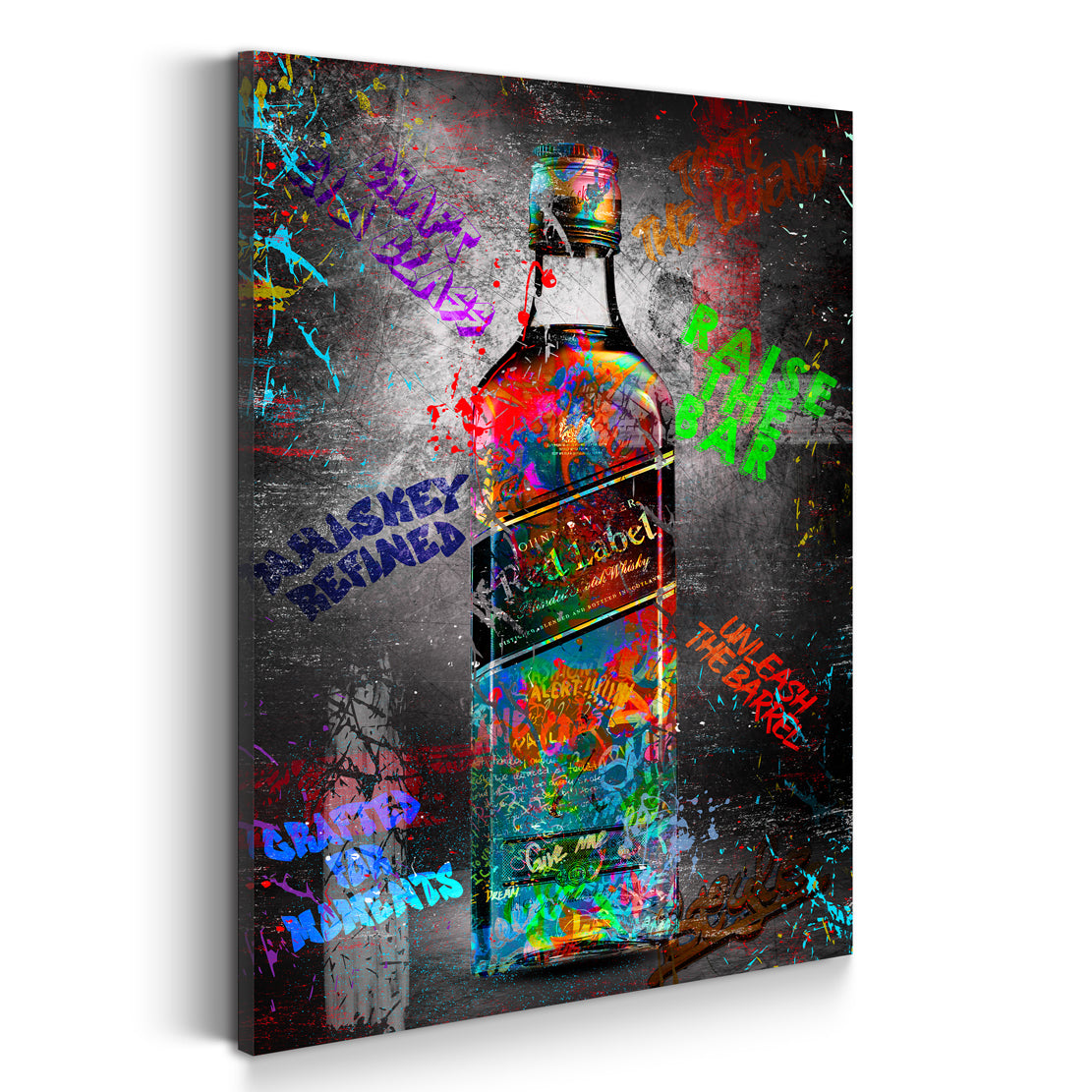 Quadro street art bottiglia whisky graffiti frasi colorate stile pop art