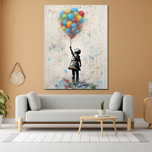 Quadro street art ragazza con palloncini colorati stile astratto