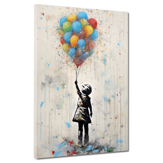 Quadro street art ragazza con palloncini colorati stile astratto