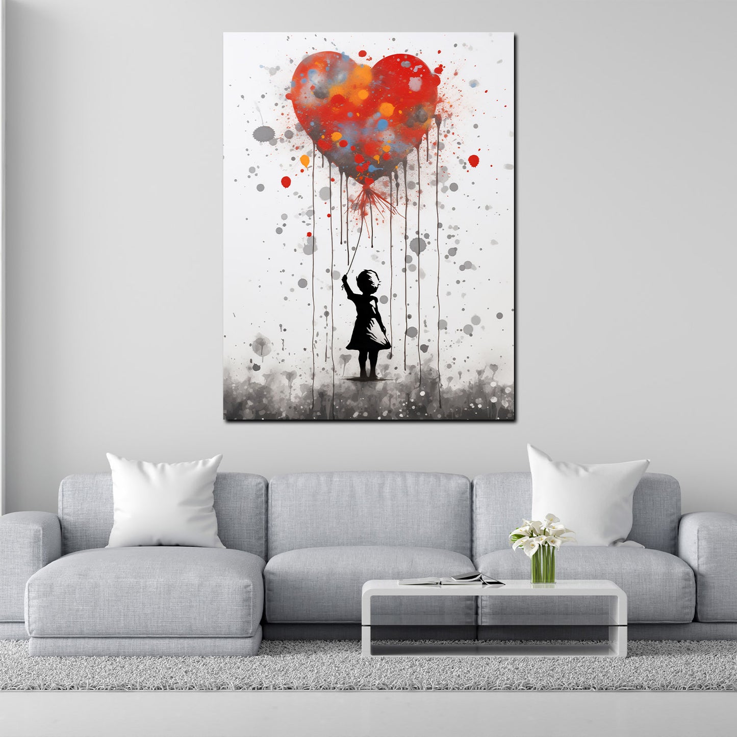 Quadro street art ragazza con palloncino a forma di cuore stile astratto